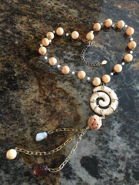 Bijoux Terner Signed Boho Necklace Spiral Pendant Chinese Puzzle Bead Tassels